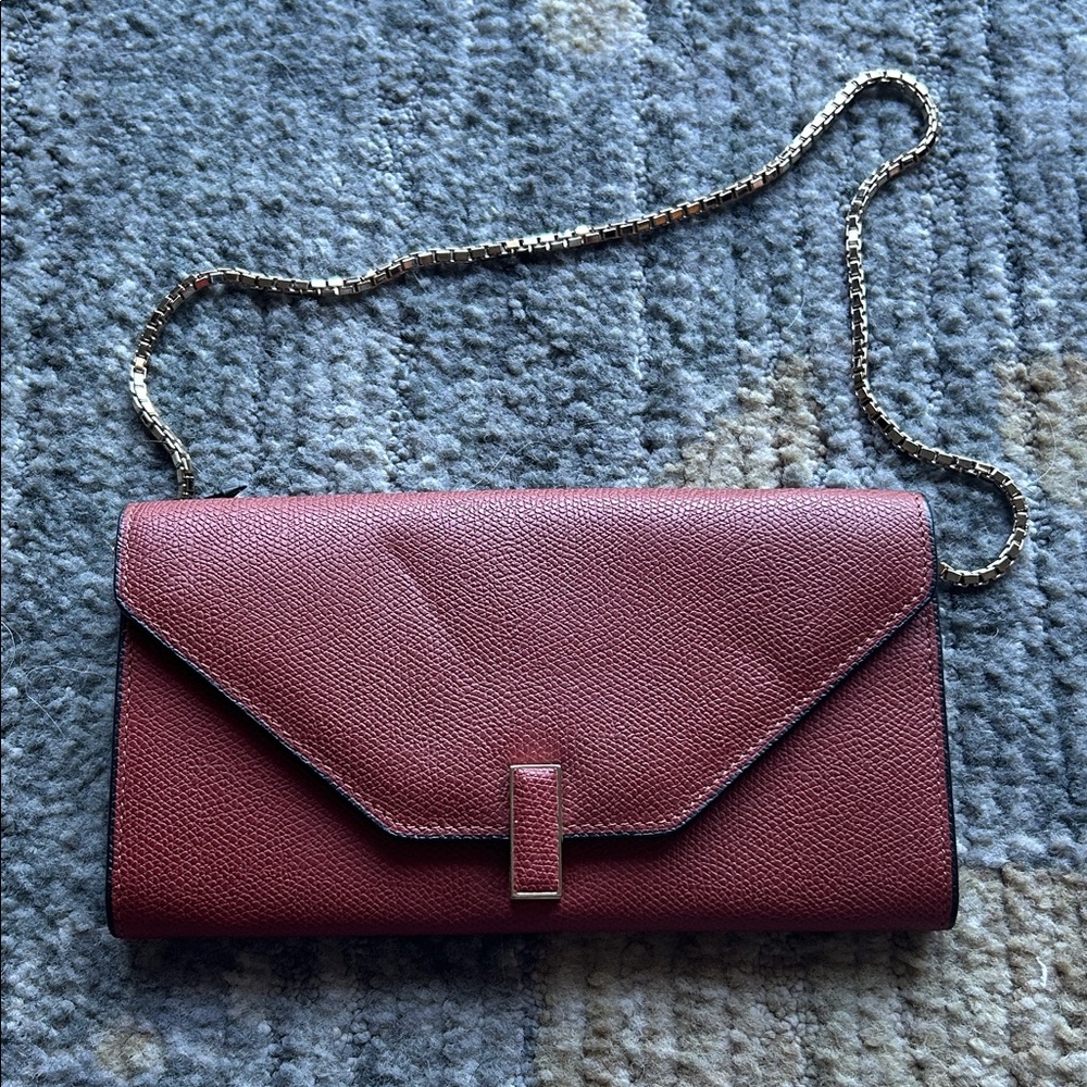 Valextra Maroon Clutch with Gold Chain